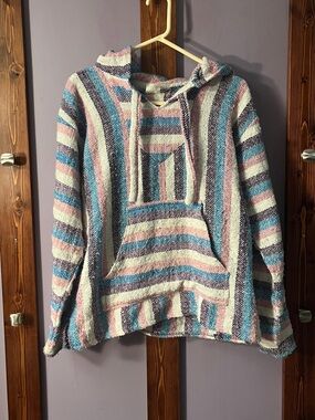 Striped Hoodie Baja-Style in Pink, Blue & White/Cream